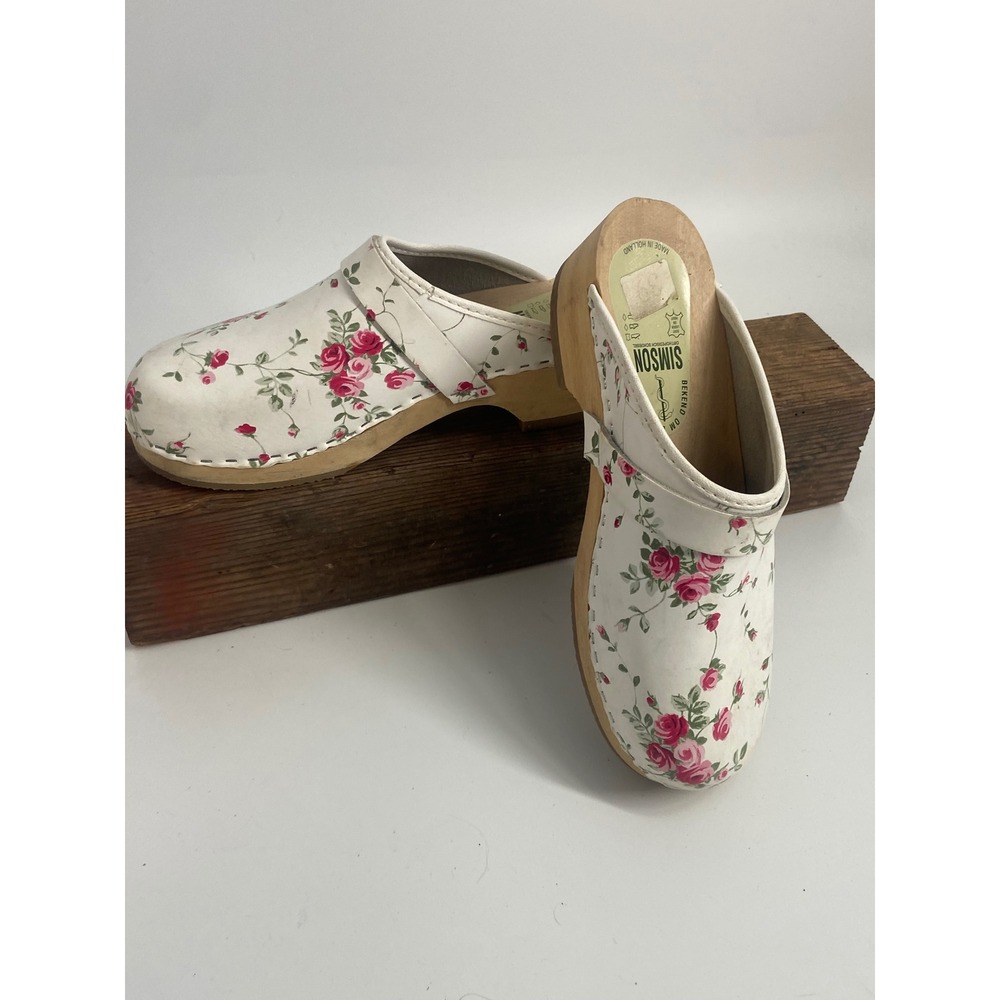 Simson Holland Floral Rose Wooden Clogs White Leather Orthopedic Size 39-8.5 US